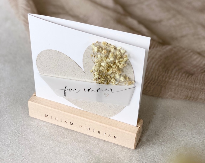 Small card holder NIKA name with heart wedding optional with greeting card with dried flowers