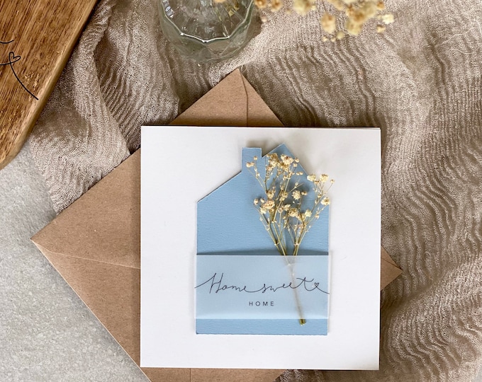 Folding card square house moving in TAAVI Home sweet home with dried flower + kraft paper envelope