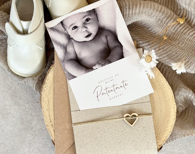 Surprise card No. 13 MAGALI Godmother Godfather with slipcase wooden heart with personal photo + envelope