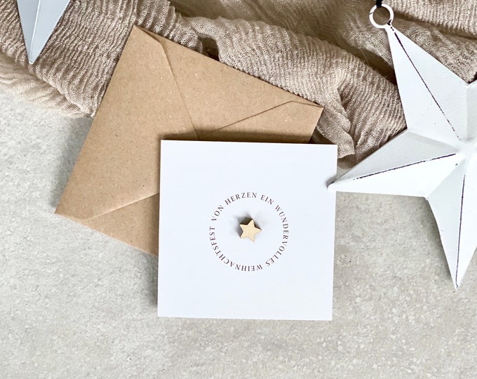 Congratulations card QUINN CHRISTMAS square small folding card wooden star Wonderful Christmas + envelope