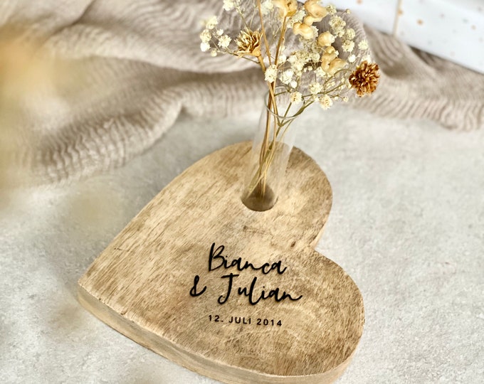 Wooden heart rustic CHLOE wedding names + wedding date, test tube with dried flowers decoration gift wedding personalized