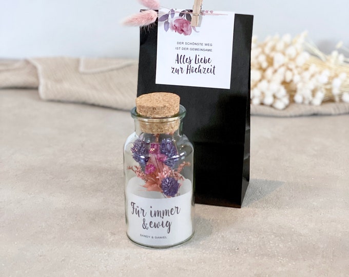 Gift jar EMILIA medium bouquet of dried flowers Wedding Forever & Ever personalized + paper bag black clip dried flower