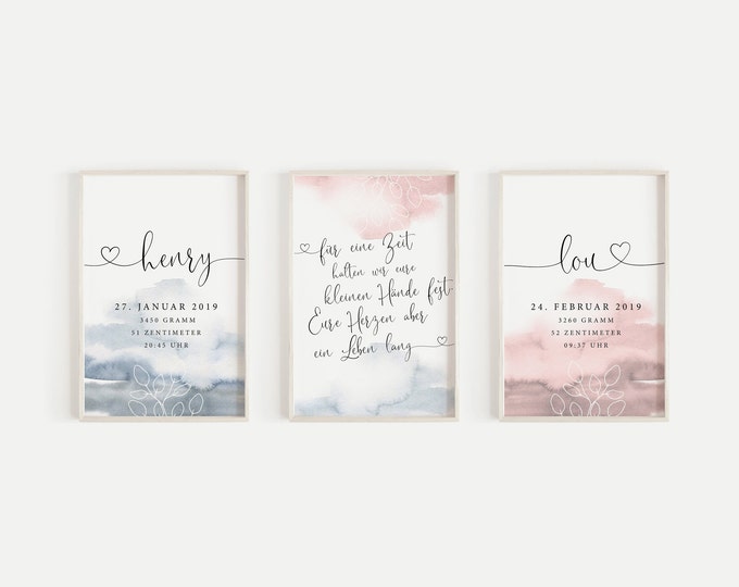 Birth poster LUANA + LUAN set of 3 siblings personalized