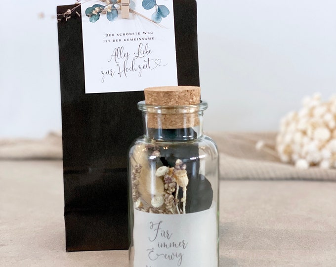 Gift jar FLORA medium bouquet of dried flowers wedding forever & ever personalized + paper bag black clip dried flower