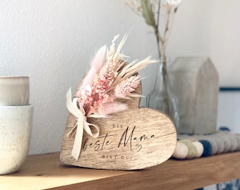 Coeur en bois rustique avec bouquet de fleurs séchées NIKA Tu es la meilleure maman ! Fête des mères