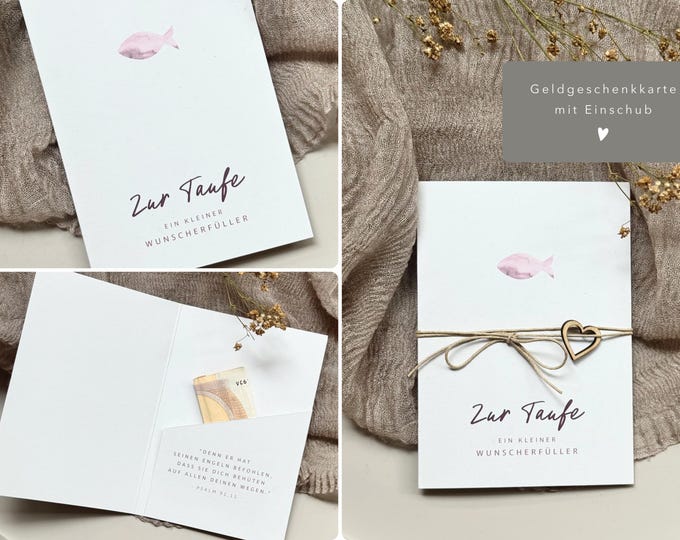 Gift card no. 3 "Wish Granter" for christening - folding card with insert + cotton ribbon and wooden heart
