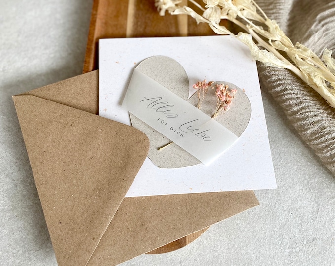 Folding card square heart HEDI All the best for you with dried flowers + kraft paper envelope