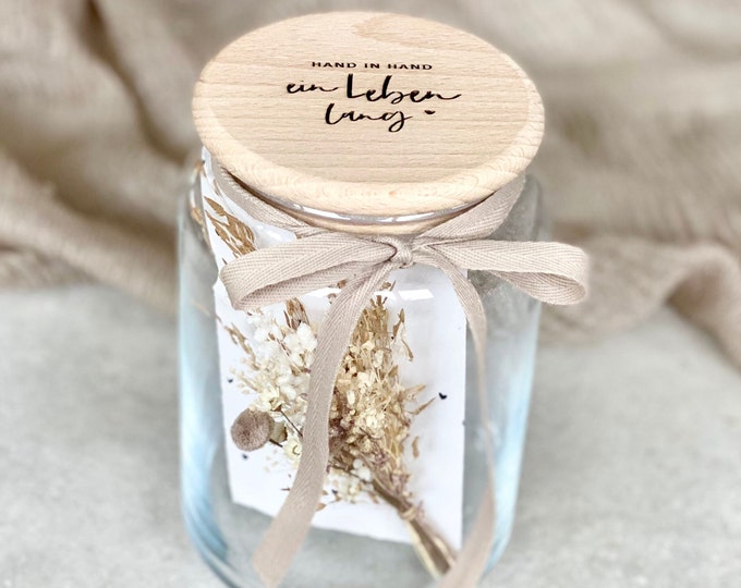 Storage jar No. 513 Gift jar EVIE Wedding cash gift hand in hand opt. with dried flowers/card