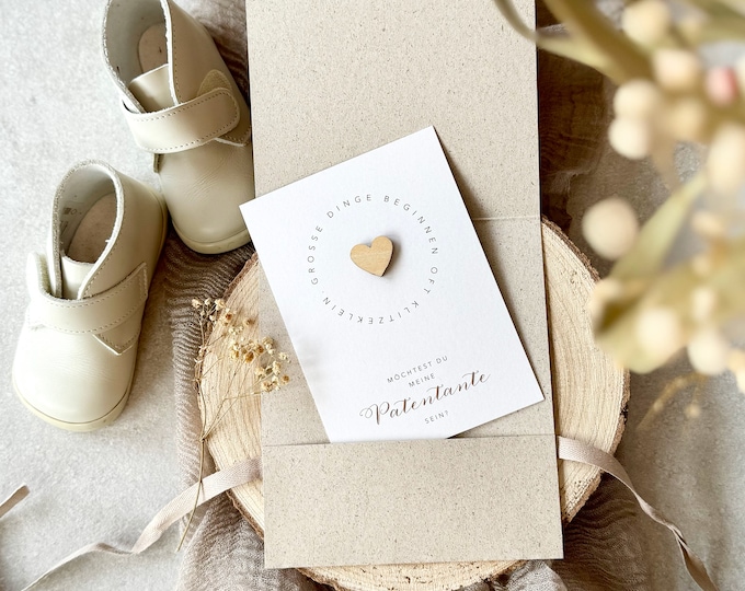 Surprise card LESLIE wooden heart godmother godfather dried flowers Would you like to be my godmother?