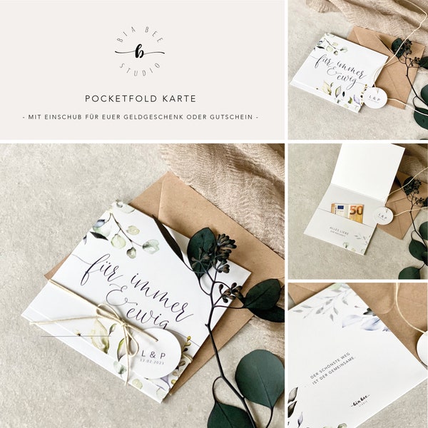 Quadratische Pocketfold Karte MARLEY mit Einschub für Geld - Geldgeschenk Hochzeit mit personalisiertem Anhänger + opt. Briefumschlag