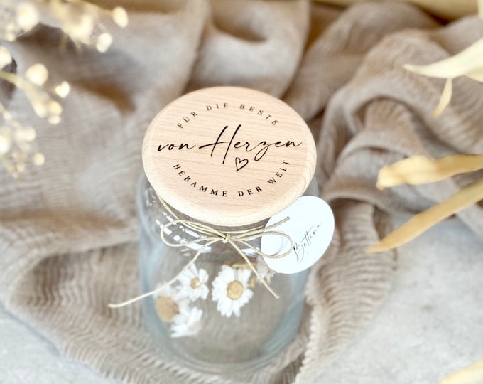 Storage jar No. 112 Gift jar NIKA from the heart for the best midwife in the world + optionally with paper tag with name