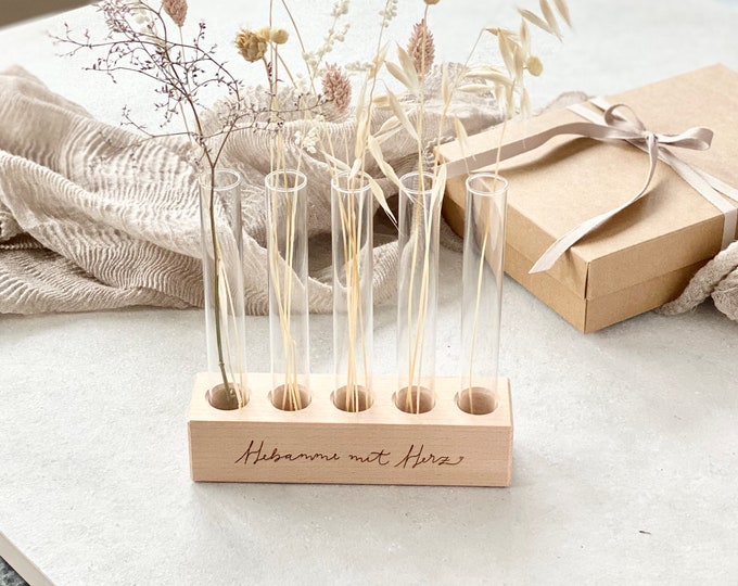 Wooden stand test tubes TAAVI midwife with heart with dried flowers