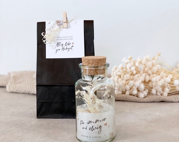 Gift jar GRACE medium bouquet of dried flowers wedding forever & ever personalized + paper bag black clip dried flower