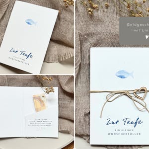 Könnte beinhalten: Weiße Tauf-Grußkarten mit einer blauen Aquarell-Fisch-Illustration und den Worten "Zur Taufe" und "Ein kleiner Wunschfüller". Eine Karte ist mit Bindfaden und einem Holzherz gebunden.