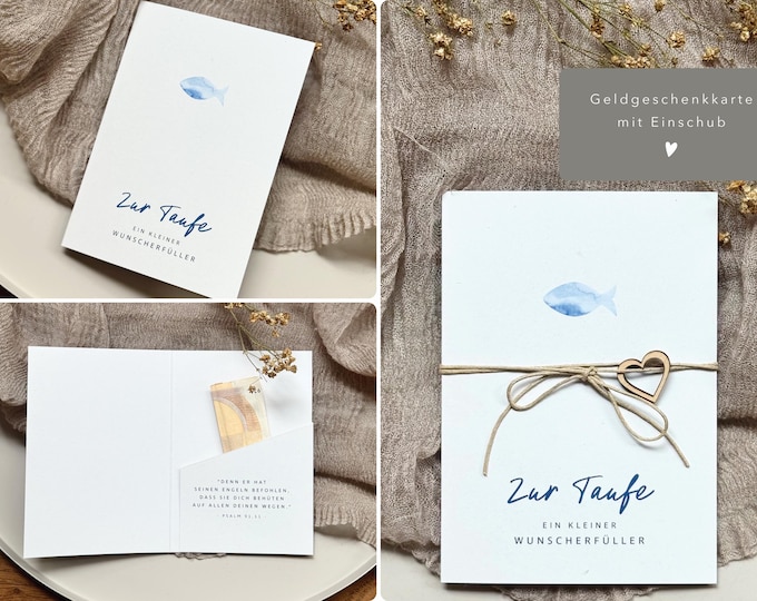 Gift card no. 4 "Wish Granter" for christening - folding card with insert + cotton ribbon and wooden heart