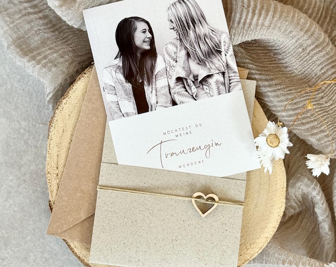 Surprise card No. 17 MAGALI Becoming a Maid of Honour with slipcase wooden heart with personal photo + envelope