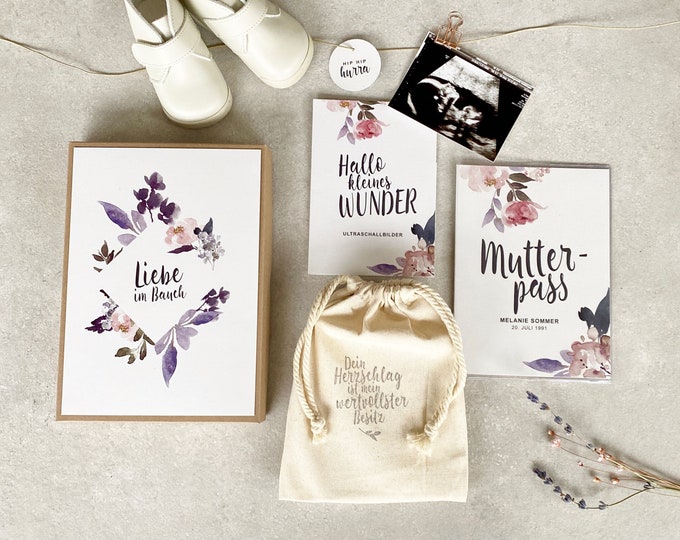 Pregnancy SET EMILIA - milestone cards, personalized maternity card, ultrasound image folder + box