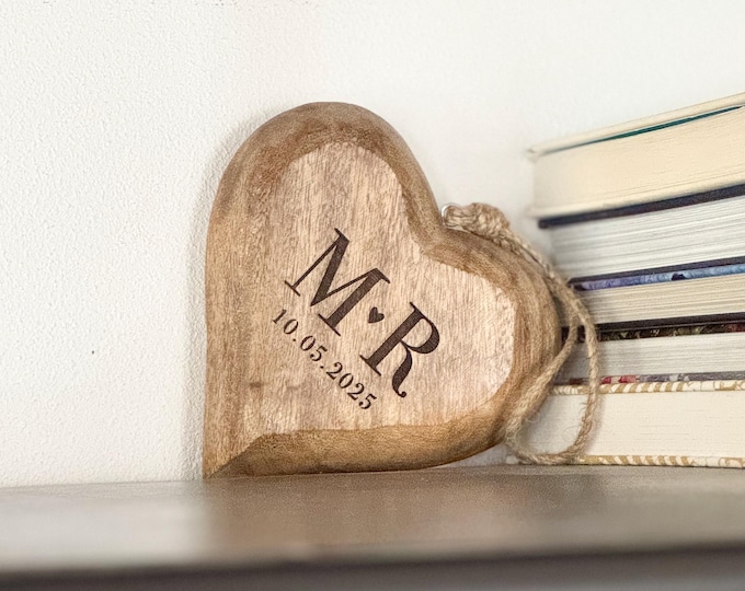 Wooden heart for hanging No. 5 rustic wedding personalized with initials and date