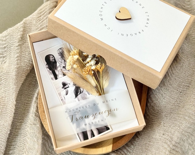Gift box LESLIE BEIGE wooden heart dried flower bouquet Will you be my maid of honor? optional with photo strip (own photos)