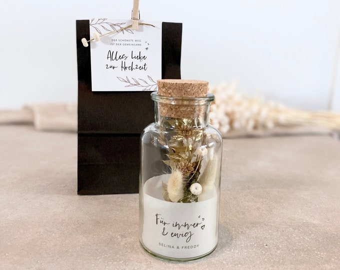 Gift Jar CHLOE Medium Bouquet Wedding Forever & Ever Personalized + Paper Bag Black Clip Dried Flower