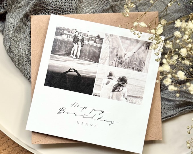 Personalized greeting card, folded card, square, ABBY birthday, with your own pictures + envelope