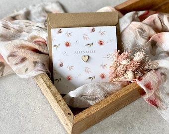 MIA square small greeting card, folding card with wooden heart, birthday, all the best + envelope