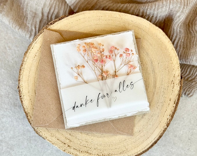Folding card kraft paper small square torn card NIKA Thank you for everything - grass paper with dried flowers + envelope