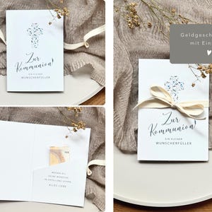 Könnte beinhalten: Weiße Kommunionskarte mit floralem Kreuzdesign und dem Schriftzug "Zur Kommunion!". Die Karte ist mit einem cremefarbenen Band gebunden und hat eine Geldtasche.