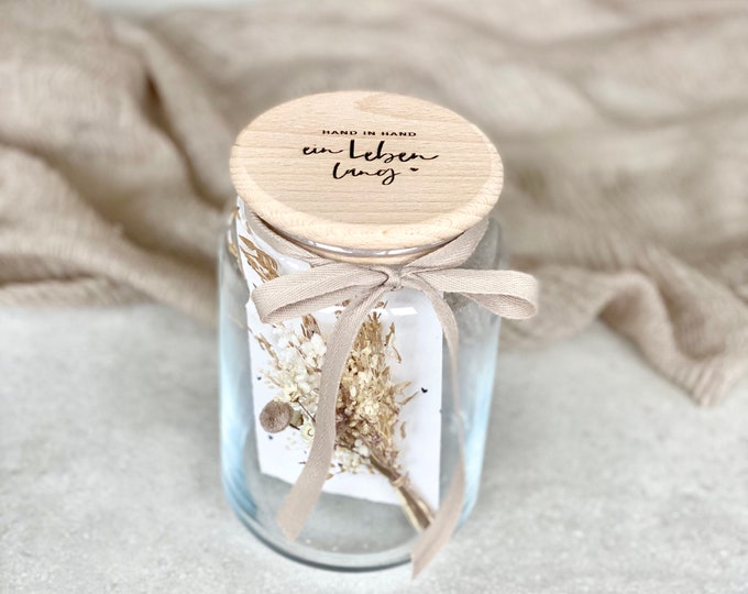 Storage jar no. 513 gift glass EVIE wedding cash gift hand in hand opt. with dried flowers/card