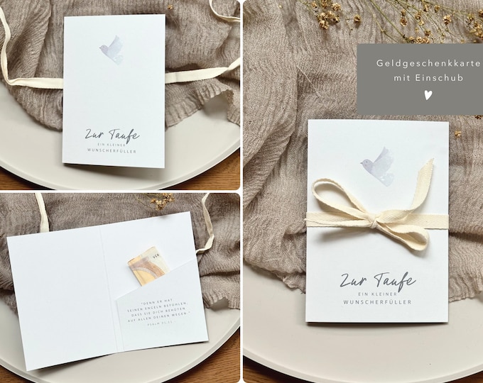 Gift card no. 5 "Wish Granter" for christening - folding card with insert + cotton ribbon