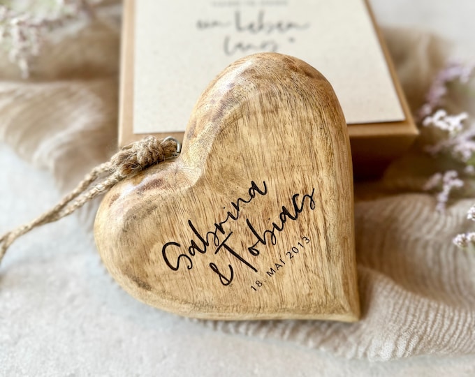 Wooden heart for hanging No. 1 rustic EVIE wedding personalized with name opt. with gift box