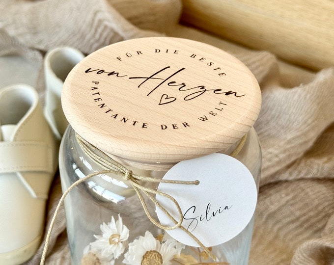 Storage jar No. 114 Gift jar NIKA from the heart for the best godmother in the world + optionally with paper tag with name