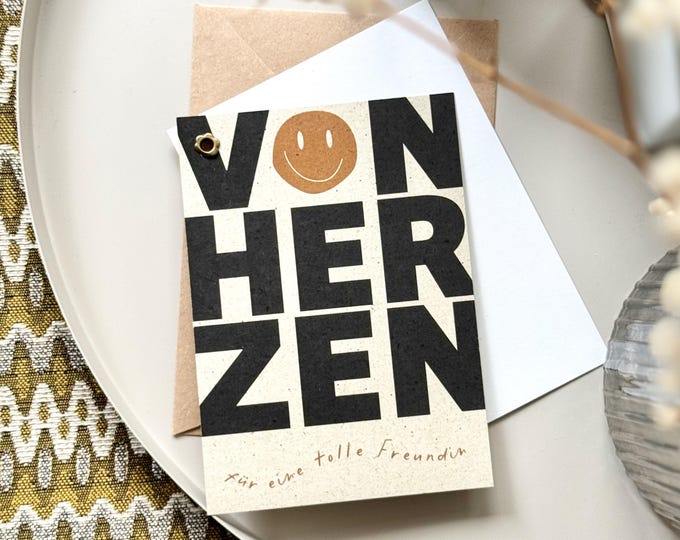 Fan card with eyelet FROM THE HEART for a great friend Grass paper + envelope
