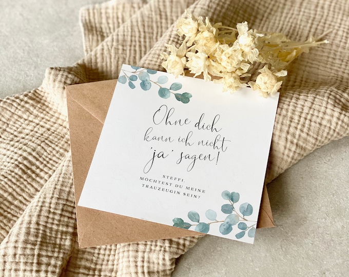 Card FLORA Without you...would you like to be my maid of honor? Eucalyptus - Personalized + Envelope