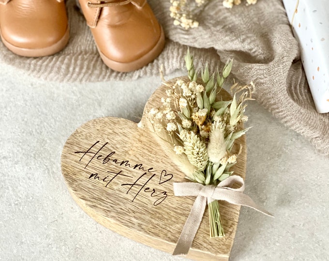 Wooden heart rustic NIKA midwife with heart and bouquet of dried flowers decorative gift