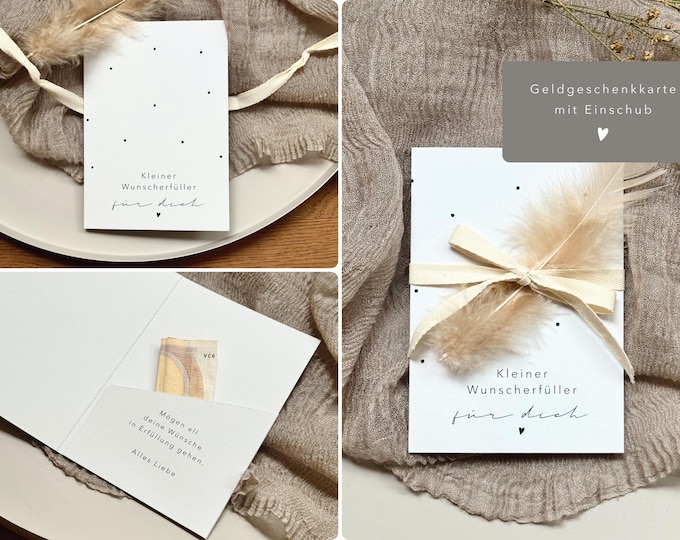 Gift card for money No. 1: A little wish fulfiller for you - folding card with insert + feather and cotton ribbon