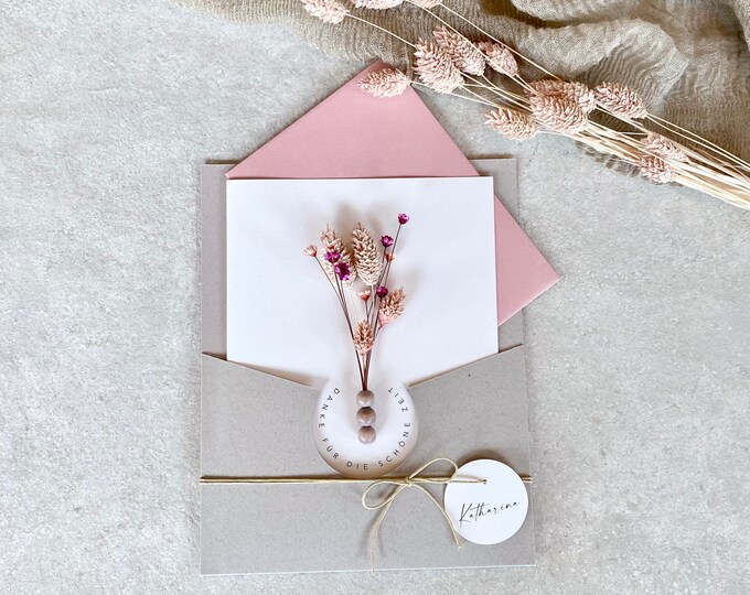 FLOWERCARD Din A5 folding card pearls dried flowers thank you for the nice time collection gift + envelope + personalized pendant