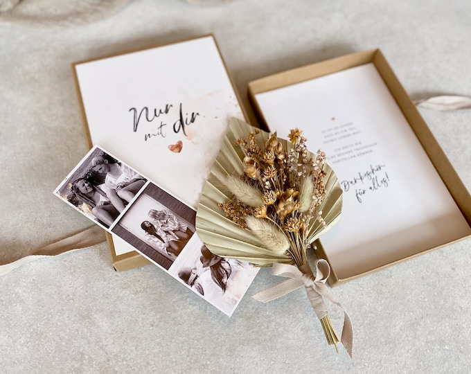 Gift box THANK YOU maid of honor GRACE medium bouquet of dried flowers with picture strips + cotton ribbon