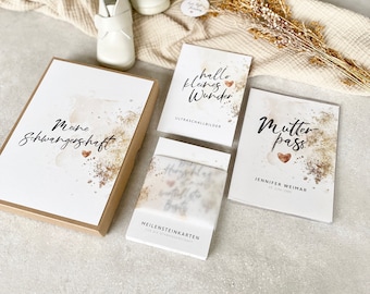 Pregnancy SET GRACE - Milestone cards, personalized maternity record book, ultrasound image folder + box