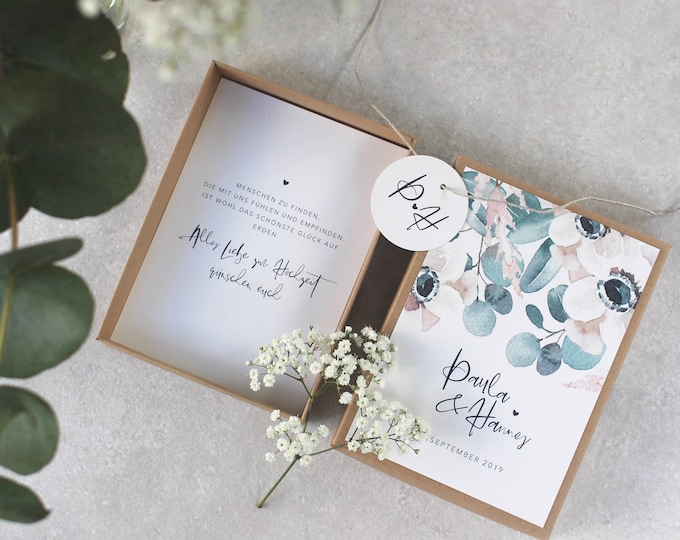 Gift Box KLARA Money Gift Wedding Eucalyptus Flower + Personalized Pendant with Initials