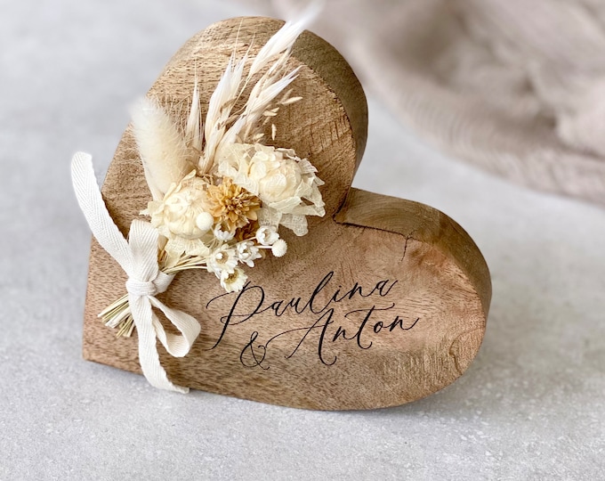 Rustic wooden heart with dried flowers BLAKE couple wedding personalized with names