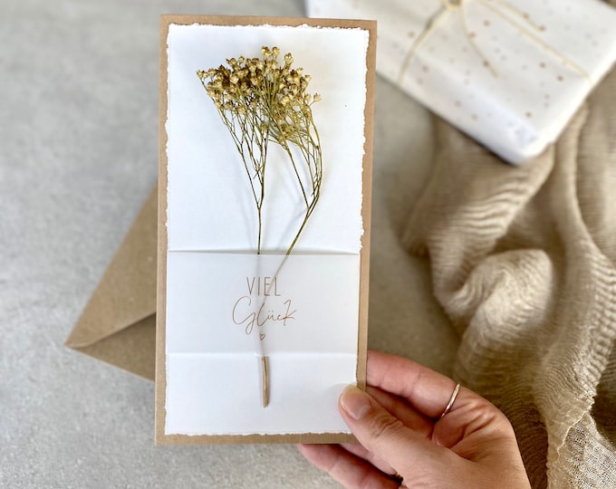 Folded card kraft paper torn card MAGALI Good luck with dried flower + envelope