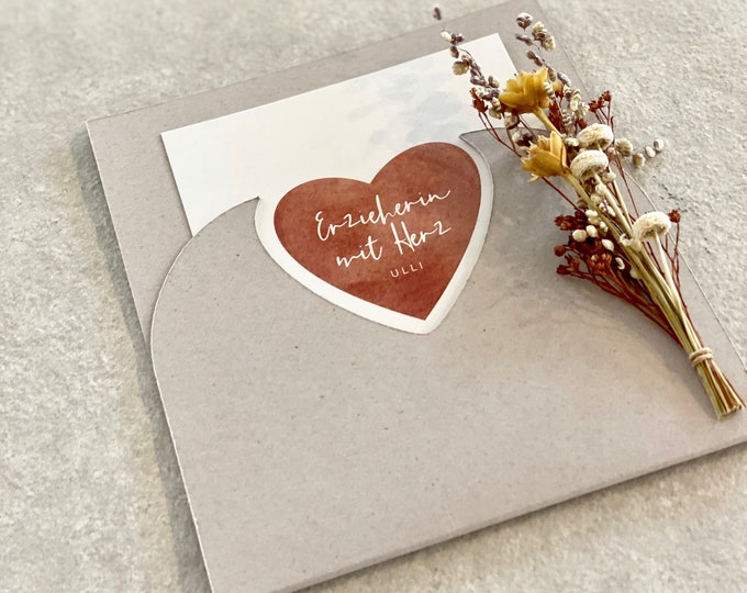 FLOWERCARD HEART 3 Educator with Heart - Thank you for helping me grow - personalized by name