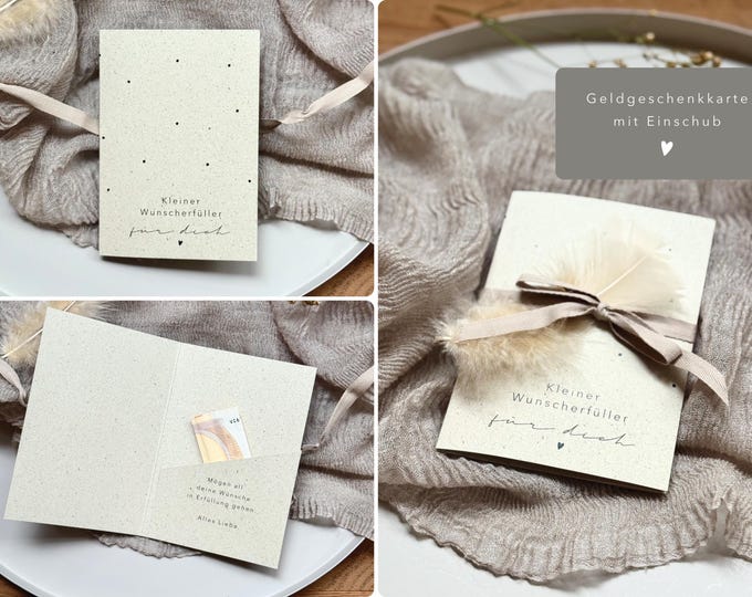 Gift card no. 2 "Little wish fulfiller for you", grass paper - folding card with insert + feather and cotton ribbon