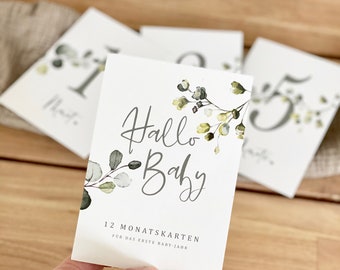 May include: Twelve white cards with green watercolor floral designs and black numbers 1 through 12. The cards say "Hallo Baby" and "12 Monatskarten fur das erste Baby-Jahr".