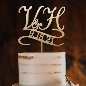 Custom Gold Initials Wedding Cake Topper: Rustic Anniversary Decor