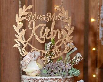 Gold wedding Cake topper, Personalized cake topper, Rustic cake topper, Mr and Mrs cake topper, Boho Custom engagement, cake topper name