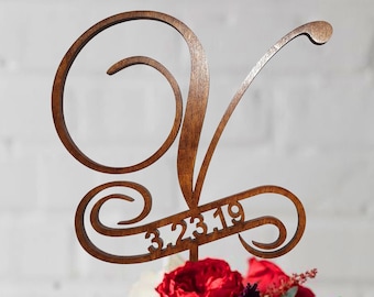 Wedding Cake Topper, V Cake Topper, Initials Cake Topper, Single Letter Cake Topper, Personalized, gold wedding cake topper, m cake topper