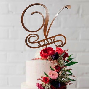 V Cake Topper, Wedding Cake Topper, Initials monogram cake Topper Rustic Custom Mr Mrs cake topper, Anniversary Cake toppers Birthday Gifts