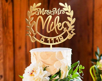 Gold wedding cake topper, Personalized cake topper, Custom Mr Mrs cake topper, Anniversary Cake toppers, Rustic Personalized Wedding Cake